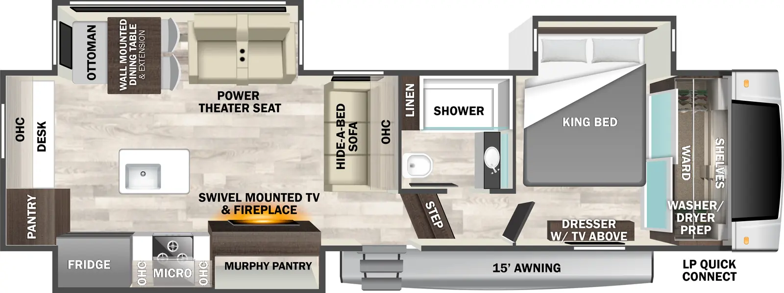 The Cedar Creek Experience 31RD has one entry and three slide outs. Exterior features include: fiberglass exterior and 15' awning. Interiors features include: front bedroom.